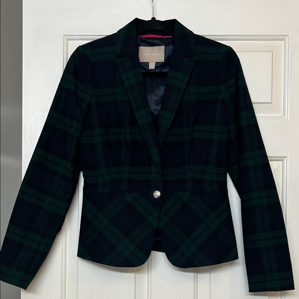 Banana Republic Navy & Green Plaid Single-Button Blazer
